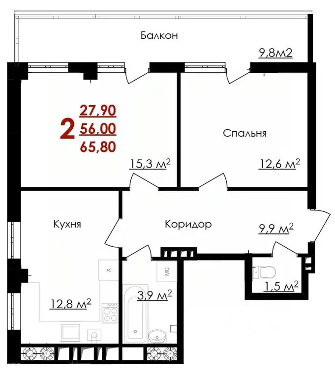 2-к кв. белгородская область, белгород ул. губкина, 54 (65.8 м) - Фото 0