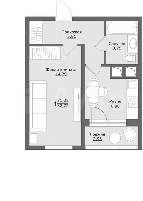 1-к. квартира, 32,7 м, 5/9 эт. - Фото 0