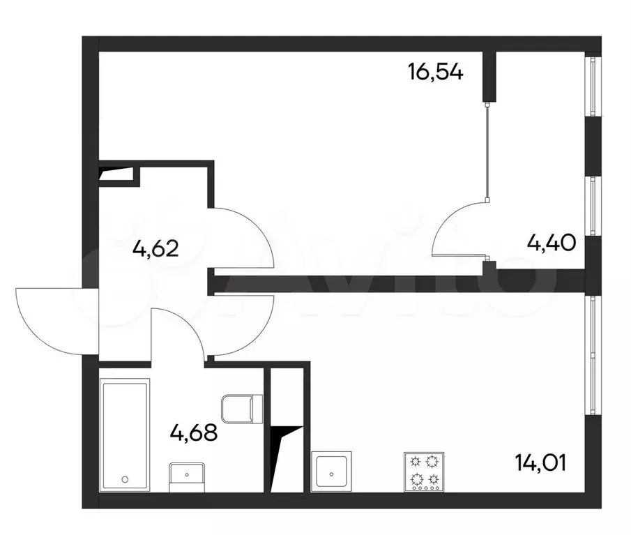 1-к. квартира, 44,3 м, 4/4 эт. - Фото 1