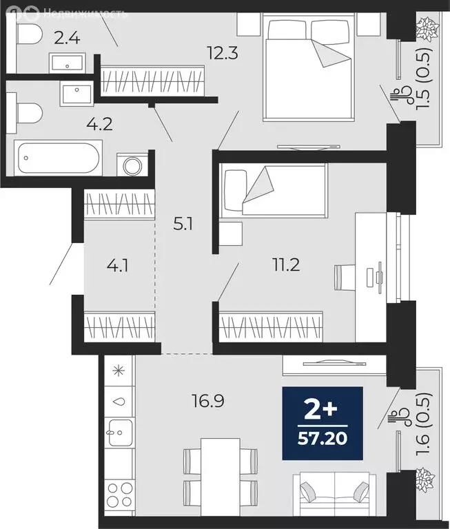 2-комнатная квартира: Тюмень, улица Тимофея Чаркова, 77 (59.3 м) - Фото 1
