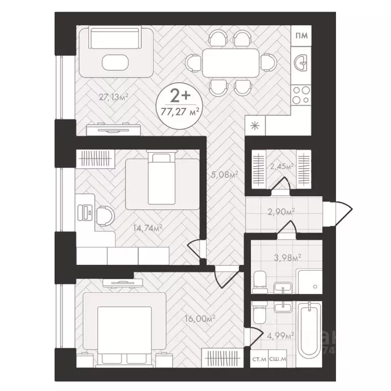 2-к кв. Башкортостан, Уфа Южный-2 мкр,  (77.27 м) - Фото 0