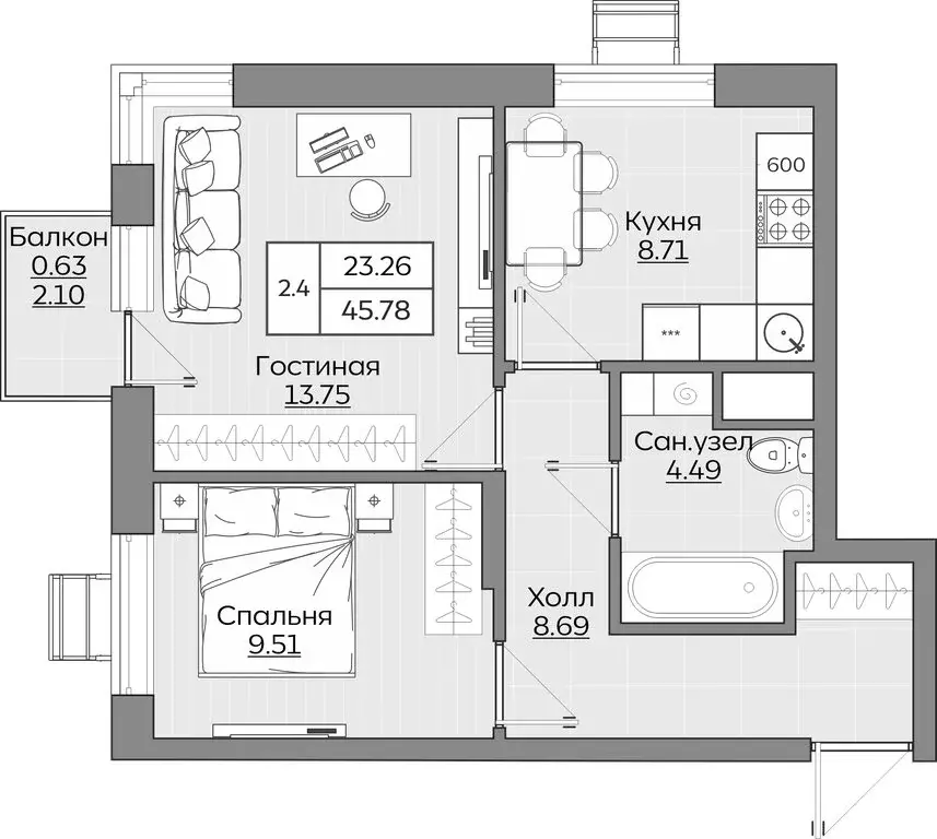 2-комнатная квартира: Казань, ЖК Батталовский (45.78 м) - Фото 1