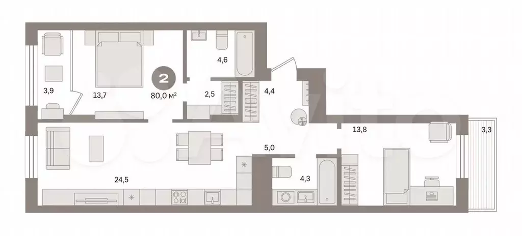 2-к. квартира, 80 м, 8/9 эт. - Фото 0