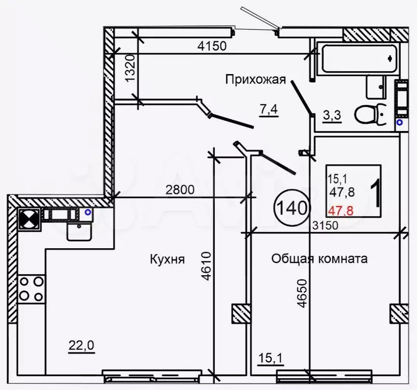 1-к. квартира, 47,8 м, 6/9 эт. - Фото 0