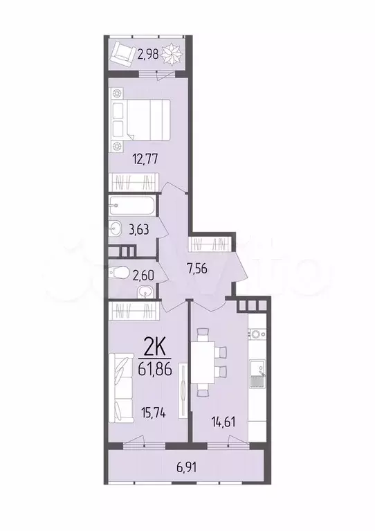 2-к. квартира, 61,9 м, 8/9 эт. - Фото 0