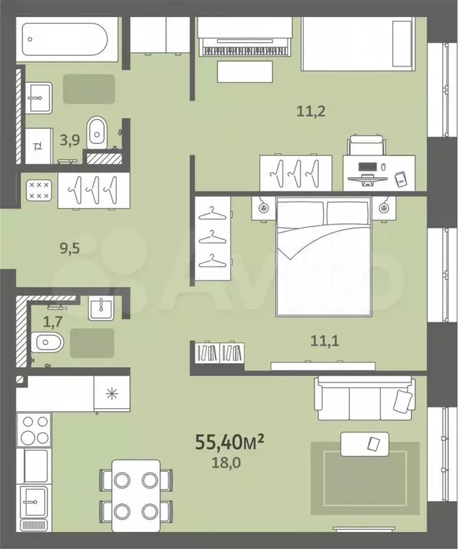 2-к. квартира, 55,4 м, 4/6 эт. - Фото 0