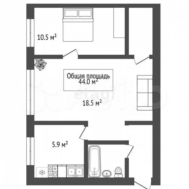 2-к. квартира, 44 м, 5/5 эт. - Фото 1