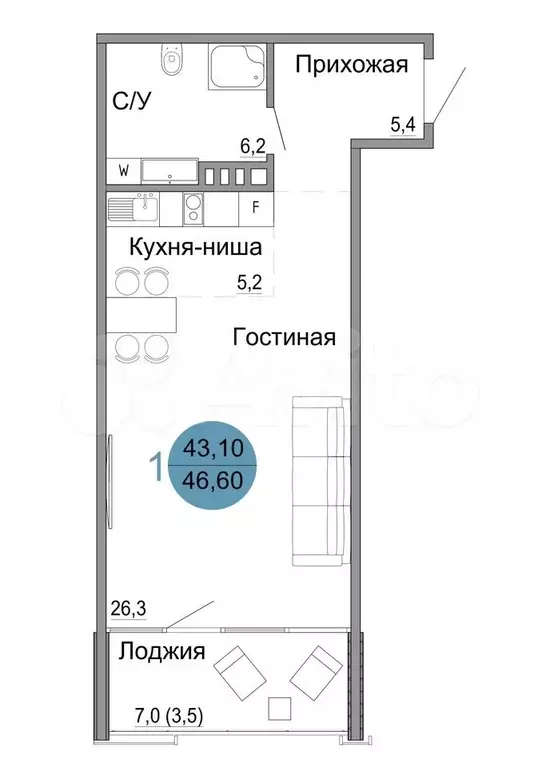 1-к. квартира, 46,6 м, 2/4 эт. - Фото 0