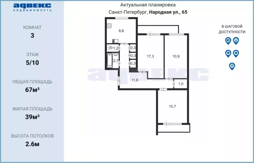 3-к кв. Санкт-Петербург Народная ул., 65 (67.0 м) - Фото 1