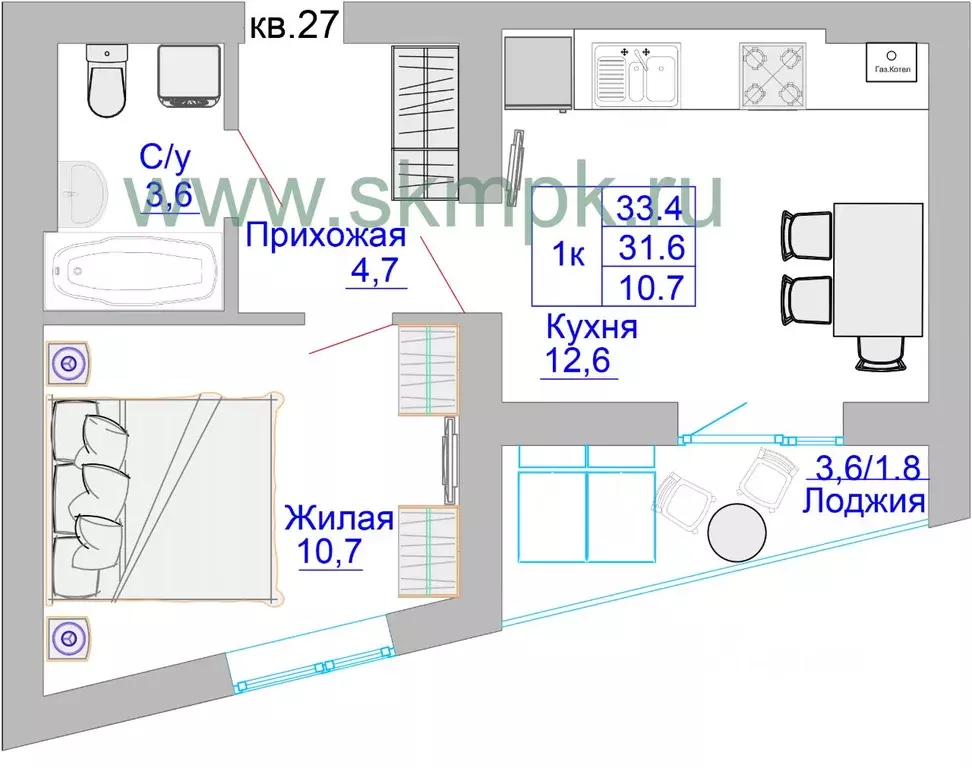 1-к кв. Калининградская область, Калининград Печатная ул. (33.4 м) - Фото 0