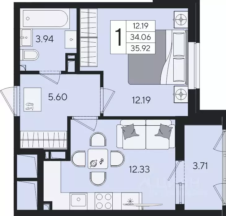 1-к кв. Краснодарский край, Краснодар  (35.92 м) - Фото 2