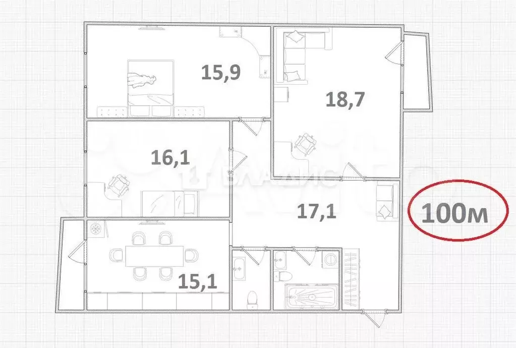 3-к. квартира, 100 м, 8/9 эт. - Фото 0