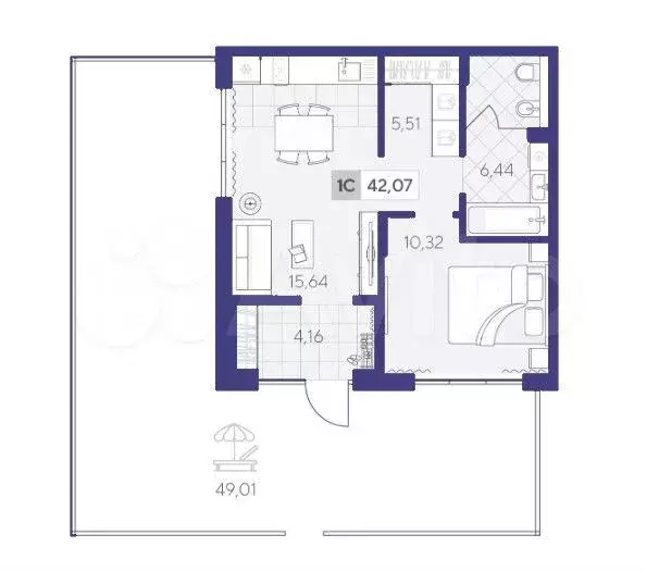 1-к. квартира, 49,2 м, 1/4 эт. - Фото 1