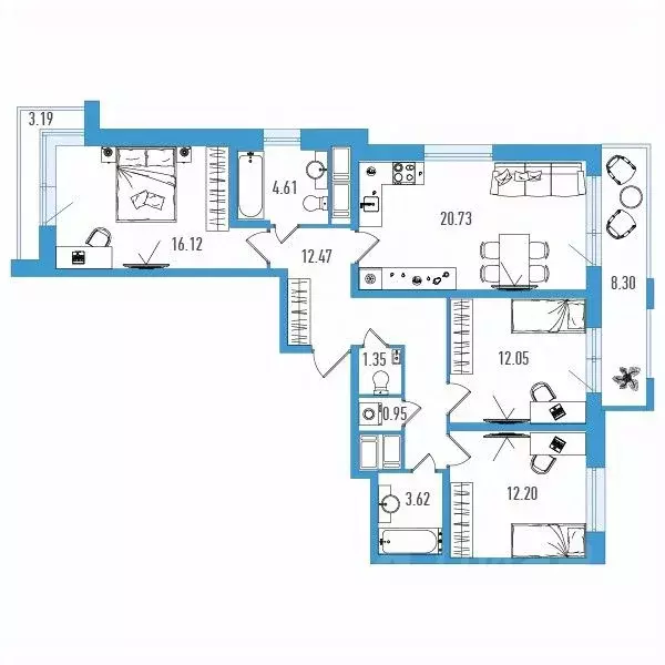 3-к кв. Санкт-Петербург ул. Тельмана, 37 (88.19 м) - Фото 1