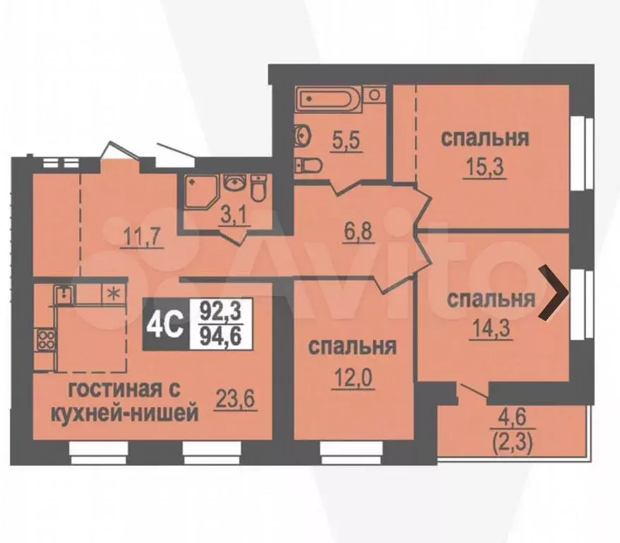 4-к. квартира, 94,6 м, 9/10 эт. - Фото 0