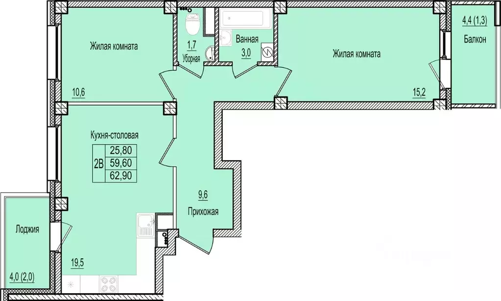 2-к кв. Псковская область, Псков Крестовский жилой комплекс (62.9 м) - Фото 1