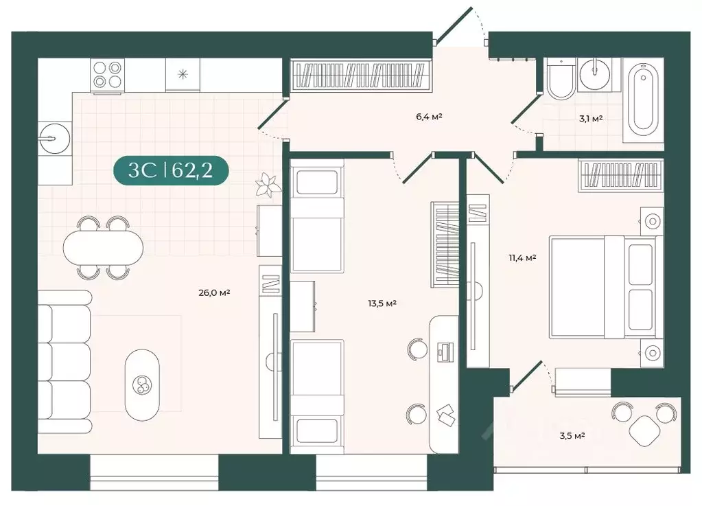 3-к кв. Новосибирская область, Новосибирск  (62.15 м) - Фото 2