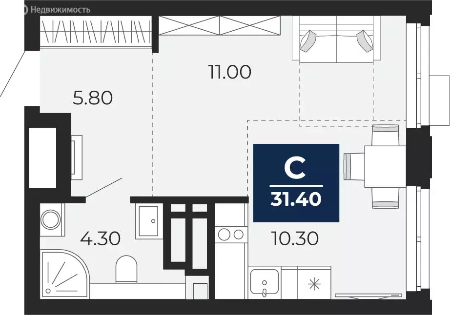 Квартира-студия: Тюмень, улица Пожарных и Спасателей, 2 (31.4 м) - Фото 1