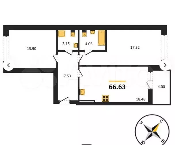 2-к. квартира, 66,6 м, 9/9 эт. - Фото 1