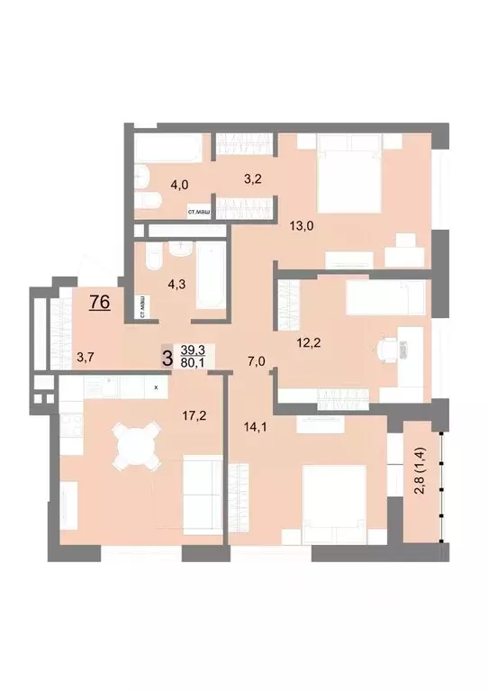 3-к кв. Свердловская область, Екатеринбург ул. Шаумяна, 77 (80.1 м) - Фото 0