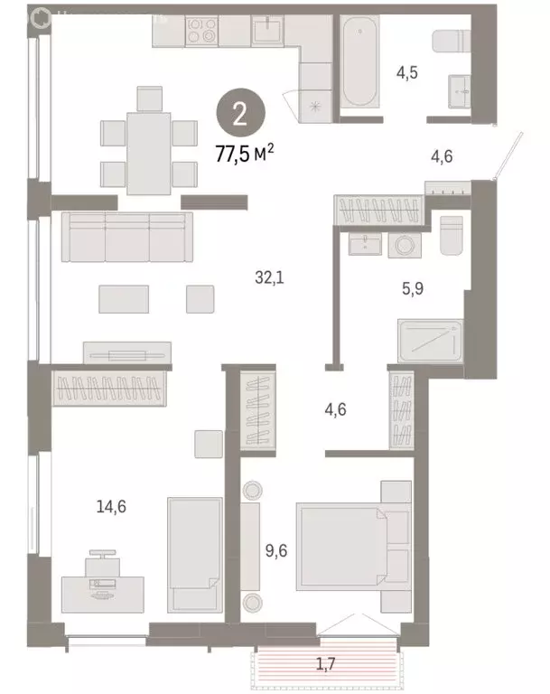 2-комнатная квартира: Новосибирск, Большевистская улица, 66 (77.46 м) - Фото 2
