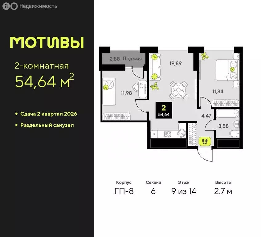 2-комнатная квартира: Тюмень, жилой комплекс Мотивы (54.64 м) - Фото 0