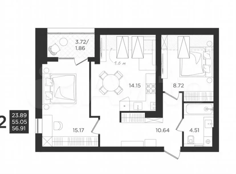 2-к. квартира, 55м, 4/4эт. - Фото 1