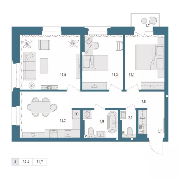 3-к кв. Башкортостан, Уфа Родина Парк жилой комплекс (71.7 м) - Фото 1