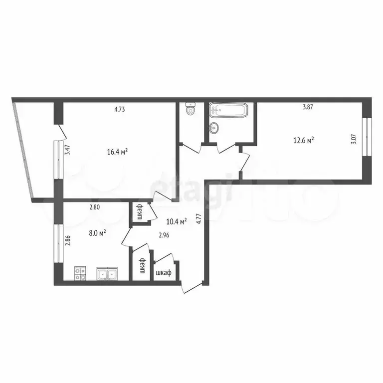 2-к. квартира, 52,8 м, 5/5 эт. - Фото 0