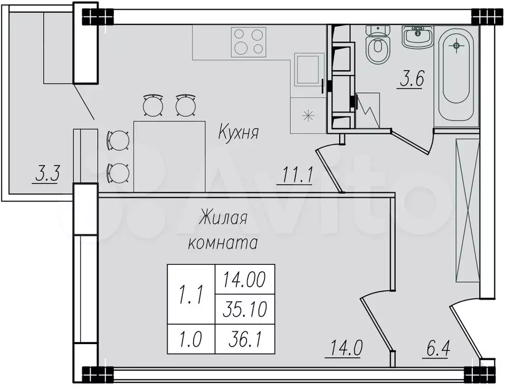 1-к. квартира, 36,1 м, 10/10 эт. - Фото 1