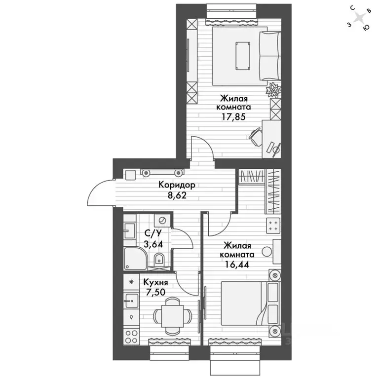 2-к кв. Татарстан, Зеленодольский район, Октябрьское с/пос, пос. ... - Фото 2