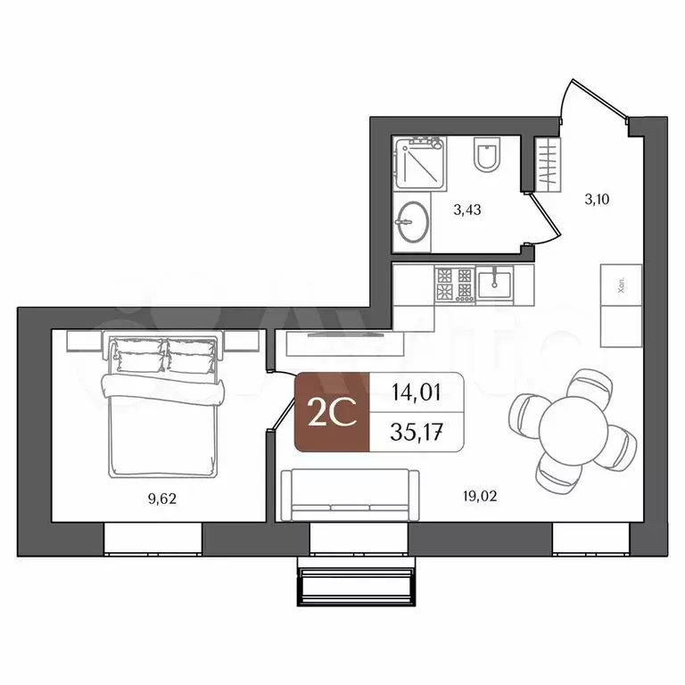 2-к. квартира, 35,1 м, 16/21 эт. - Фото 1
