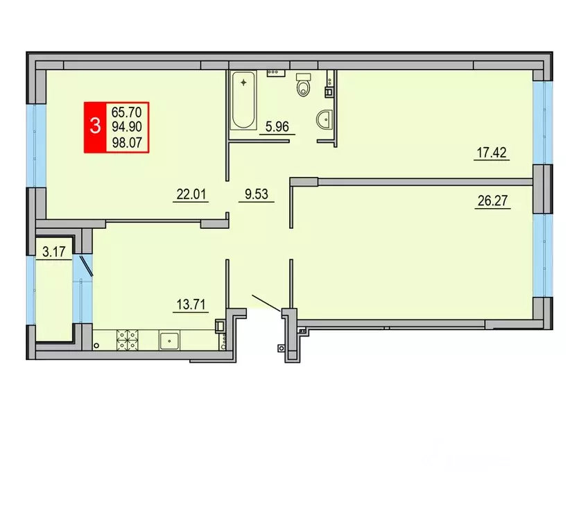 3-к кв. Тверская область, Тверь Петербургское ш., 13к2 (98.07 м) - Фото 1