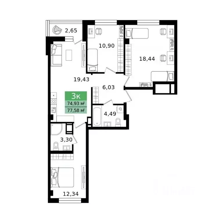 3-к кв. Курганская область, Курган просп. Конституции (77.58 м) - Фото 2