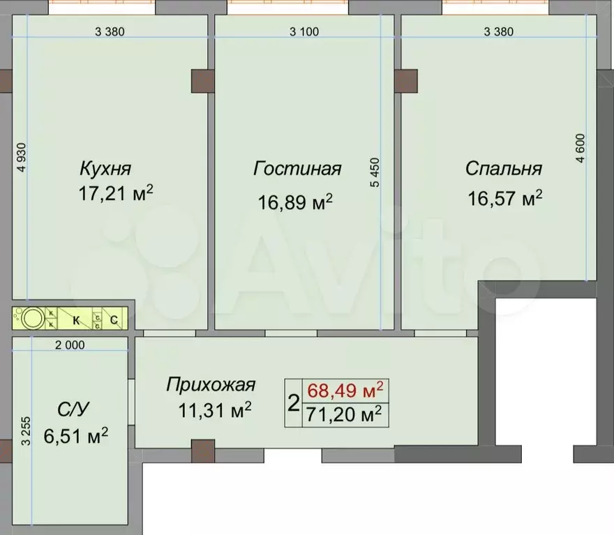 2-к. квартира, 71,2 м, 7/8 эт. - Фото 1