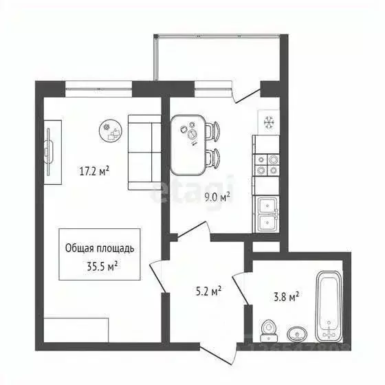 1-к кв. Новосибирская область, Новосибирск ул. Бородина, 56 (35.0 м) - Фото 2