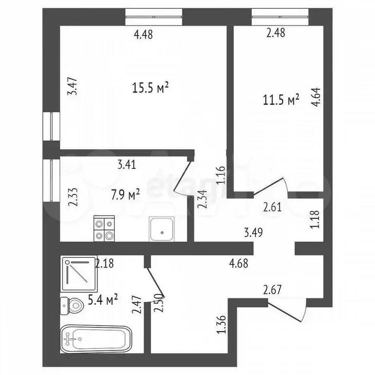 2-к. квартира, 53,5 м, 1/3 эт. - Фото 0