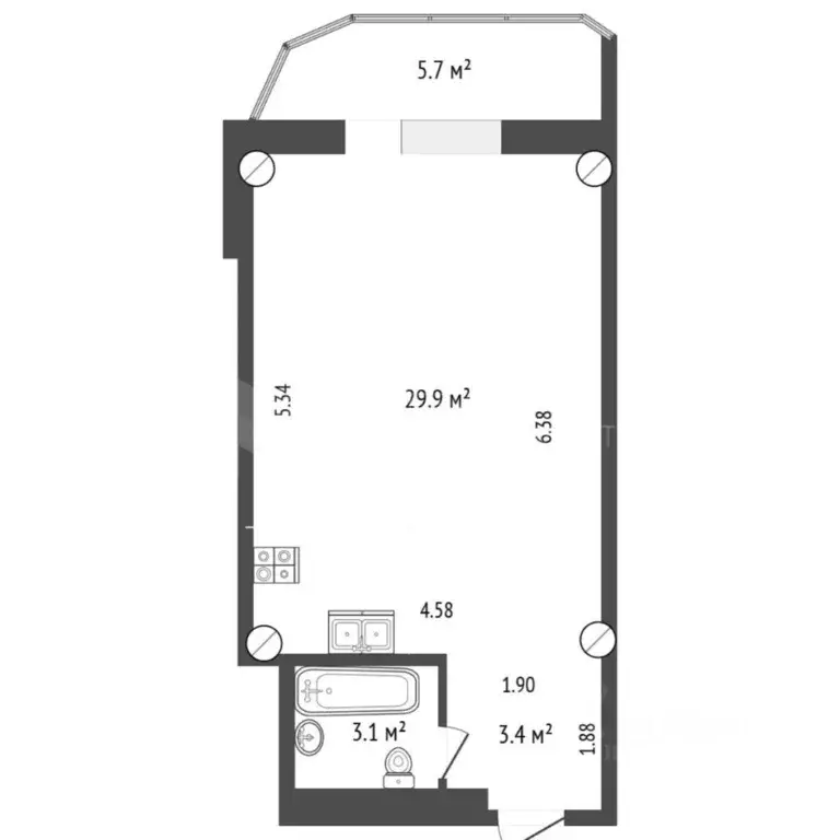 Студия Тюменская область, Тюмень ул. 50 лет ВЛКСМ, 19 (36.4 м) - Фото 2