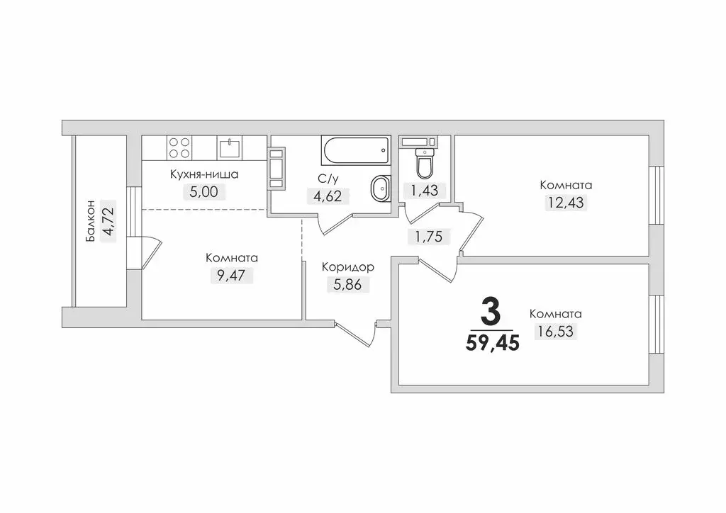 3-комнатная квартира: Снежинск, Транспортная улица, 9 (59.45 м) - Фото 0