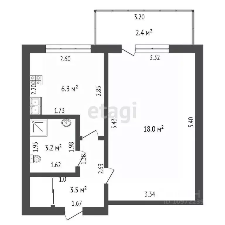 1-к кв. Башкортостан, Стерлитамак Железнодорожная ул., 44 (32.4 м) - Фото 2