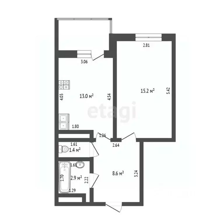 1-к кв. Тюменская область, Тюмень ул. 50 лет Октября, 75к1 (42.0 м) - Фото 2