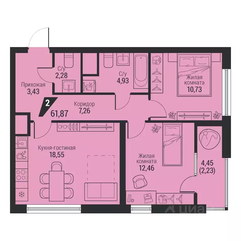 2-к кв. Свердловская область, Екатеринбург просп. Космонавтов, 100 ... - Фото 1