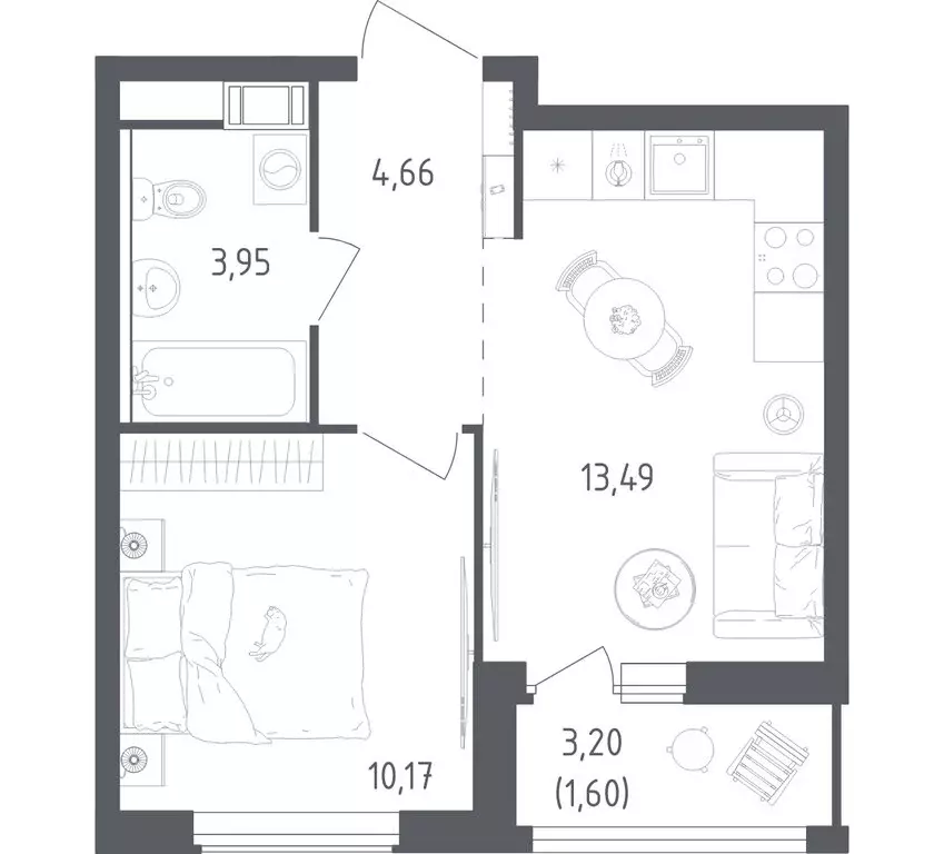 1-комнатная квартира: деревня Новосаратовка, ЖК Южная Нева (33.87 м) - Фото 1