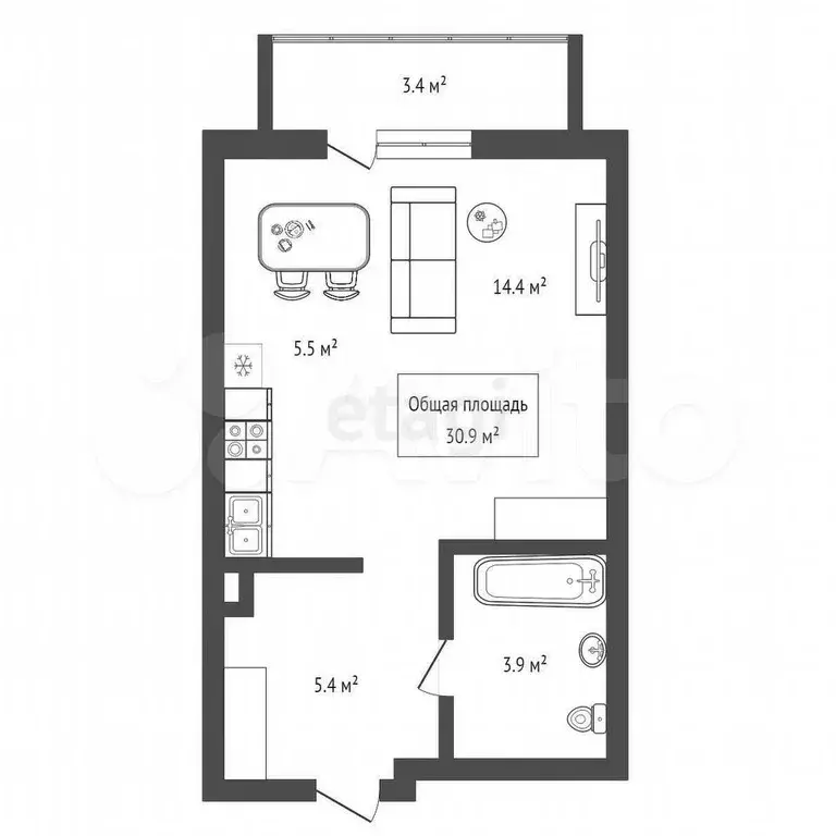 Квартира-студия, 30,9 м, 2/16 эт. - Фото 0