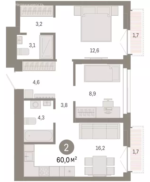 2-комнатная квартира: Новосибирск, Большевистская улица, 66 (59.97 м) - Фото 2
