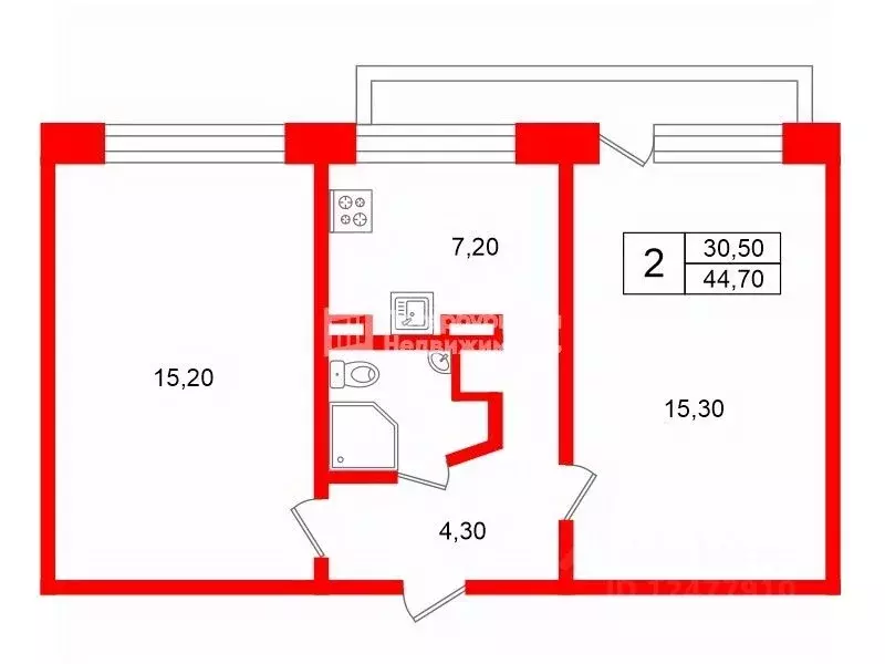 2-к кв. Санкт-Петербург Белградская ул., 28К6 (44.7 м) - Фото 2