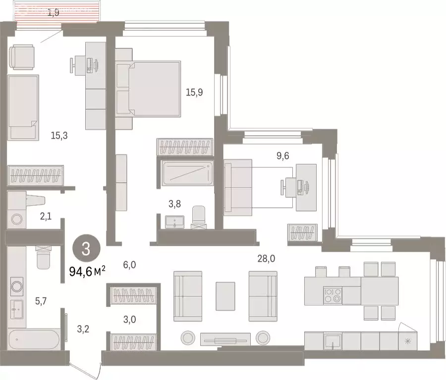 3-комнатная квартира: Тюмень, жилой комплекс Зарека (94.61 м) - Фото 1