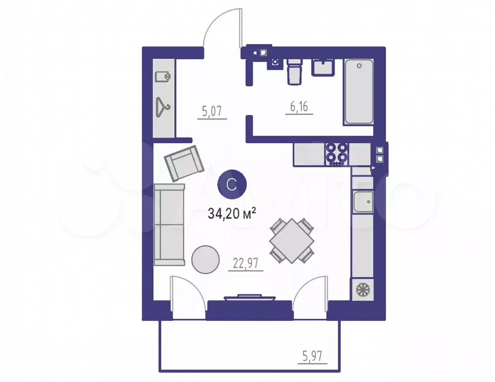 Квартира-студия, 34,2 м, 2/4 эт. - Фото 1
