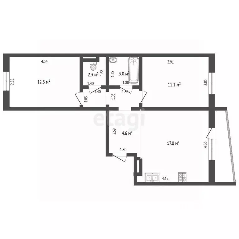 2-к кв. Ханты-Мансийский АО, Ханты-Мансийск Самаровская ул., 6к2 (54.0 ... - Фото 1