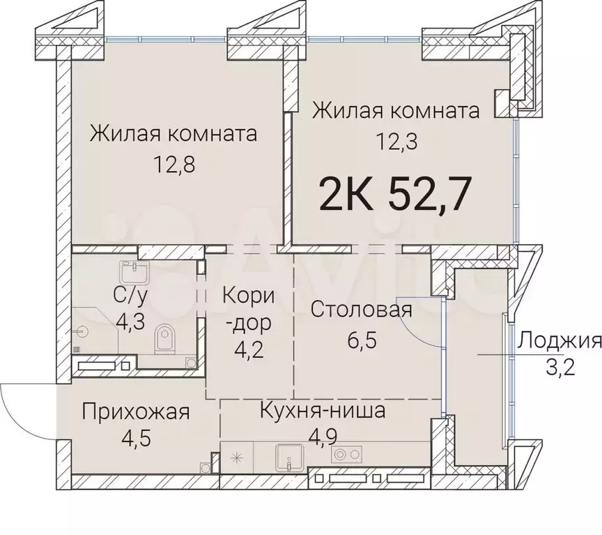 2-к. квартира, 52,7 м, 8/25 эт. - Фото 0